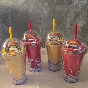 4 Rainbow "Good Mood" 16oz Tumblers with Straws New